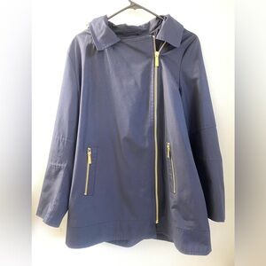 Michael Kors Hooded Asymmetrical Large Zip Trench Coat Navy Gold Accents